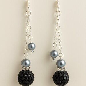 Black Bead and Gray Pearl Dangle Earrings